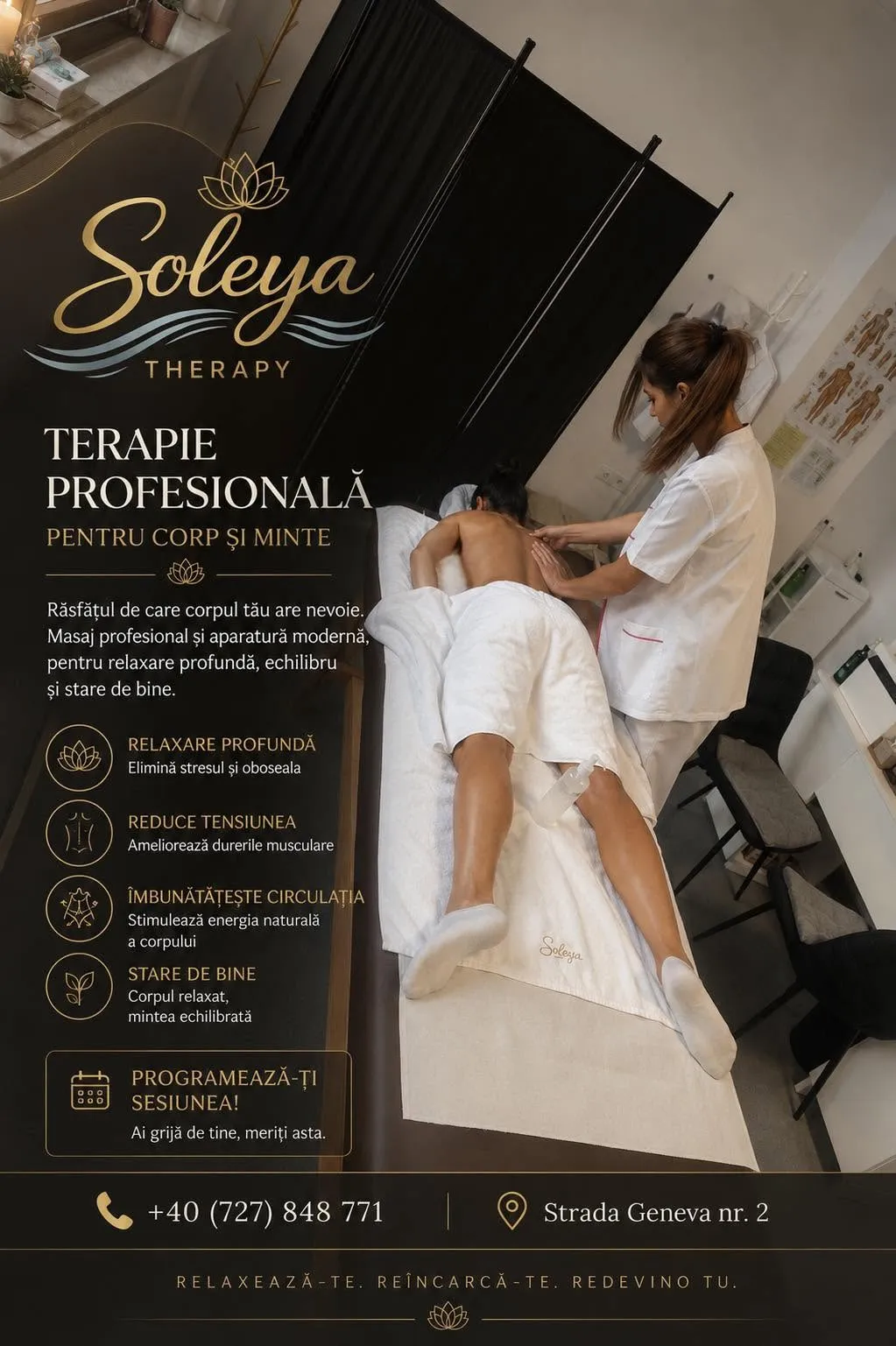 Flyerul Soleya Therapy: o terapeută face un masaj de spate unei cliente întinse pe masa de masaj, alături de textul „Terapie profesională pentru corp și minte”, cele patru beneficii, telefonul și adresa Str. Geneva nr. 2, Târgu Jiu.