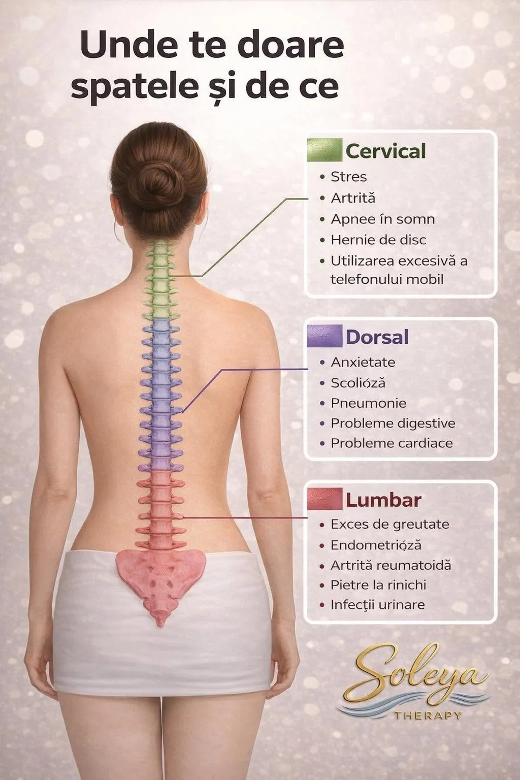 Infografic „Unde te doare spatele și de ce”: coloana vertebrală pe zone. Cervical: stres, artrită, apnee în somn, hernie de disc, utilizarea excesivă a telefonului mobil. Dorsal: anxietate, scolioză, pneumonie, probleme digestive, probleme cardiace. Lumbar: exces de greutate, endometrioză, artrită reumatoidă, pietre la rinichi, infecții urinare.