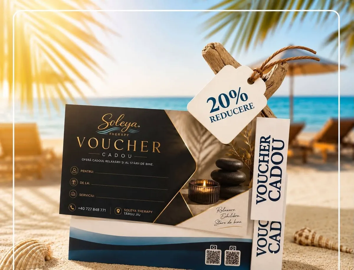 Voucher cadou Soleya Therapy cu etichetă „20% reducere”, așezat pe nisip, cu marea și palmieri în fundal; pe voucher scrie „Oferă cadoul relaxării și al stării de bine” și Târgu Jiu.